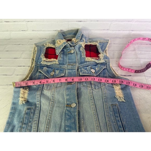 UNIF Womens Small Denim Jean Button Up Front Vest Distressed Destroyed Patches - Picture 9 of 12
